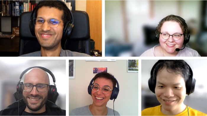 A collage of people wearing headphones on a video call